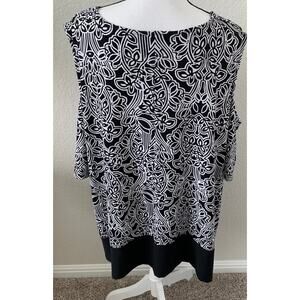 RAFAELLA COLD SHOULDER BLOUSE WOMENS, 3X, BLACK WHITE GEOMETRIC, ROUND NECK NWOT